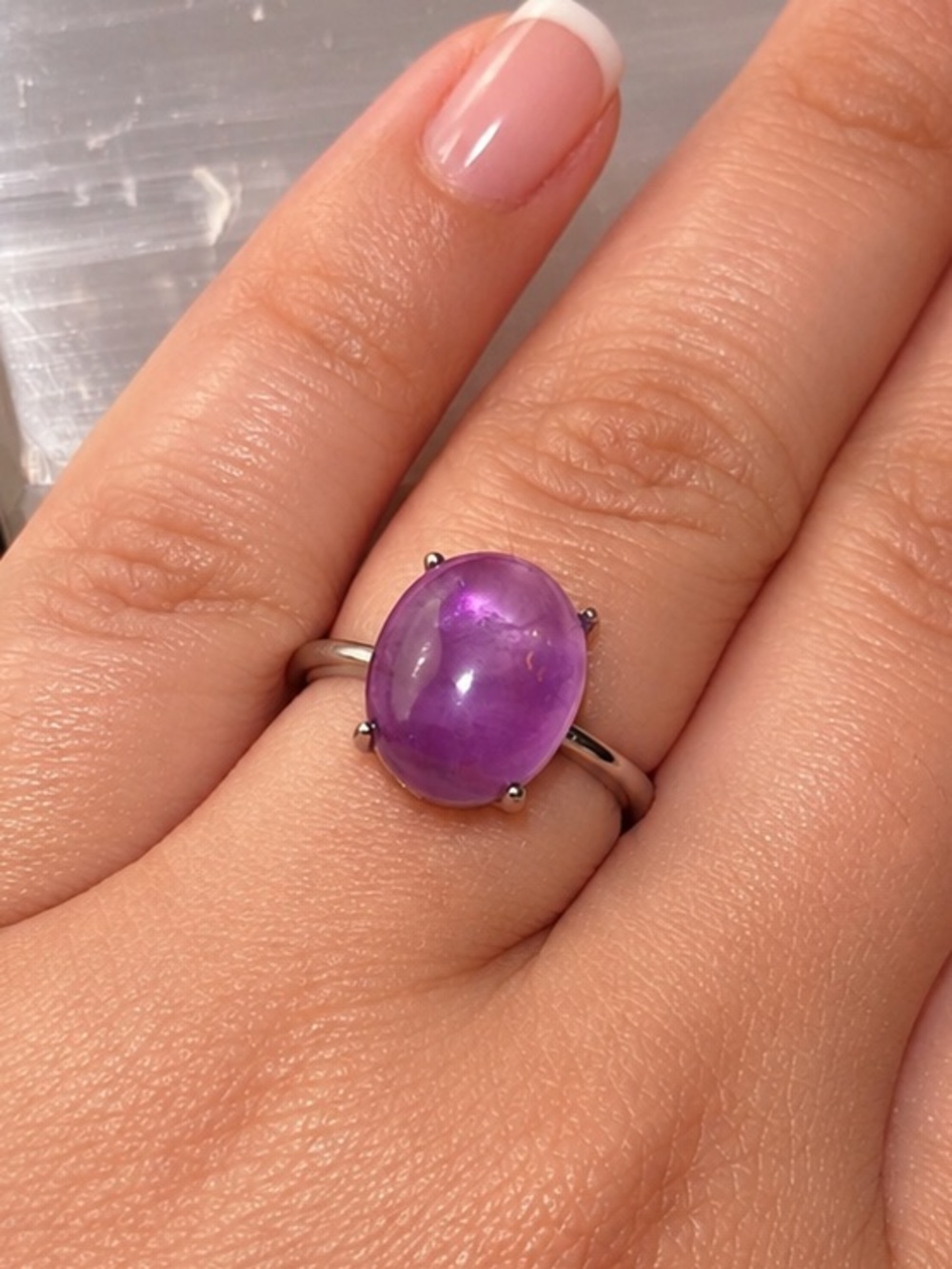 February Birthstone | Silver Amethyst Cabochon Ring | Adjustable | Nickel Free